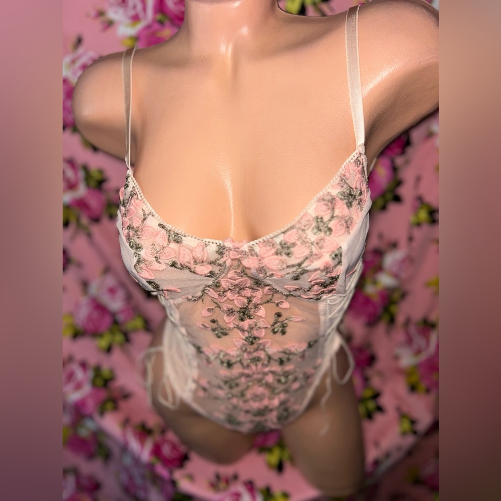 Pink floral corset lace up bodysuit romper teddy bachelorette wedding gift C3 - Picture 3 of 10